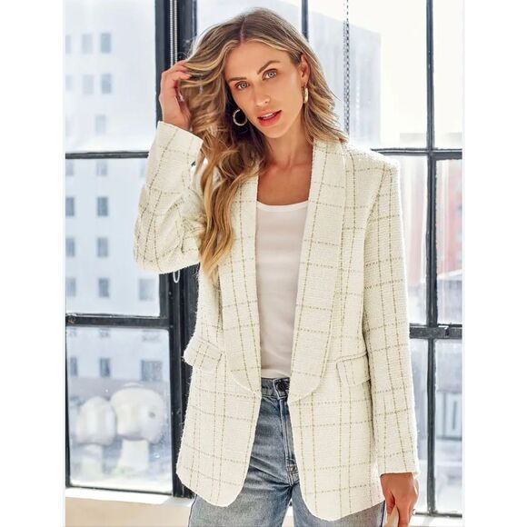 Woman’s SHEIN SZ L White Gold Frenchy Plaid Shawl Collar Open Front Blazer - Picture 1 of 8